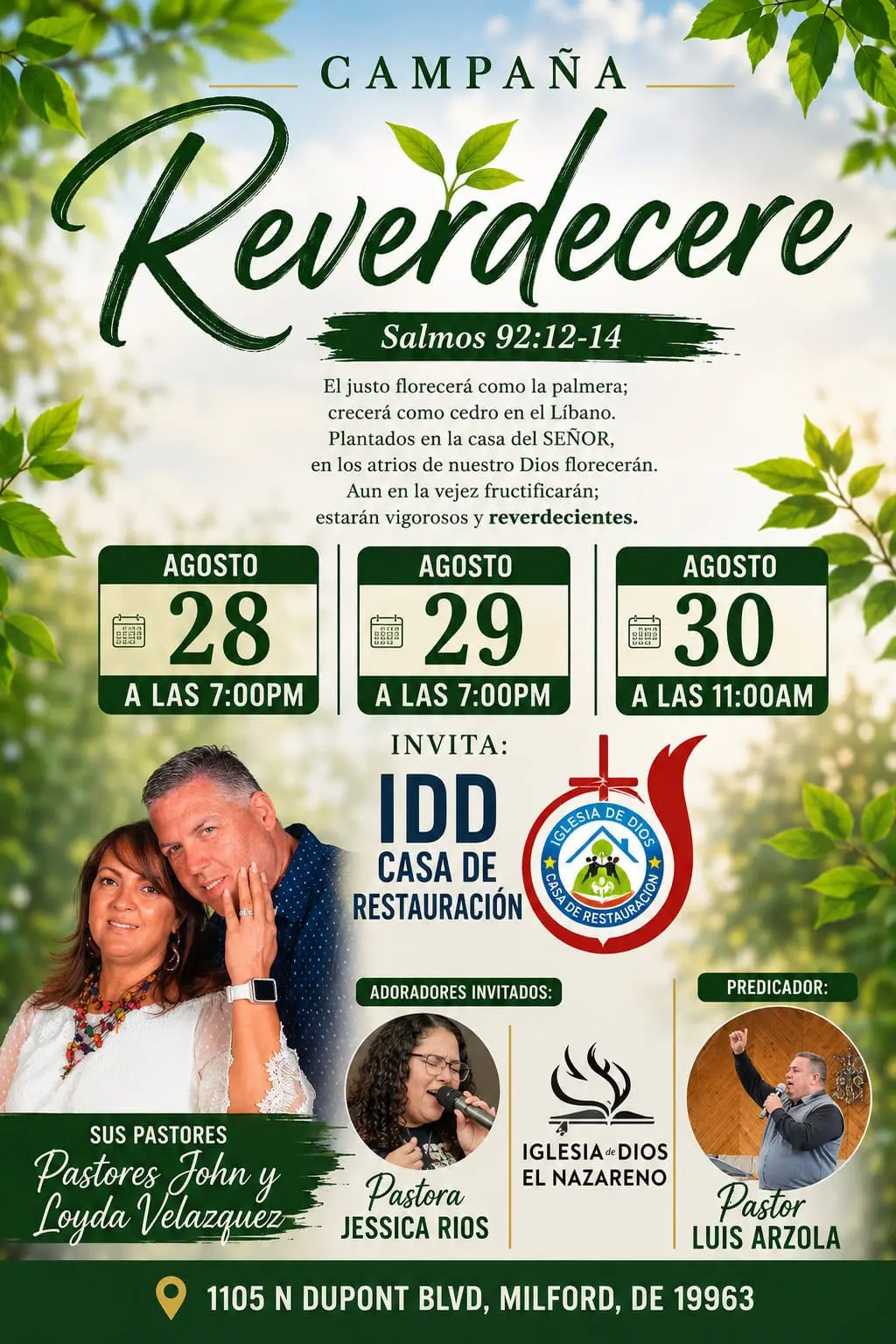 Flyer de la Campaña Reverdeceré en la Iglesia de Dios Casa de Restauración, una Iglesia de Dios en Milford Delaware