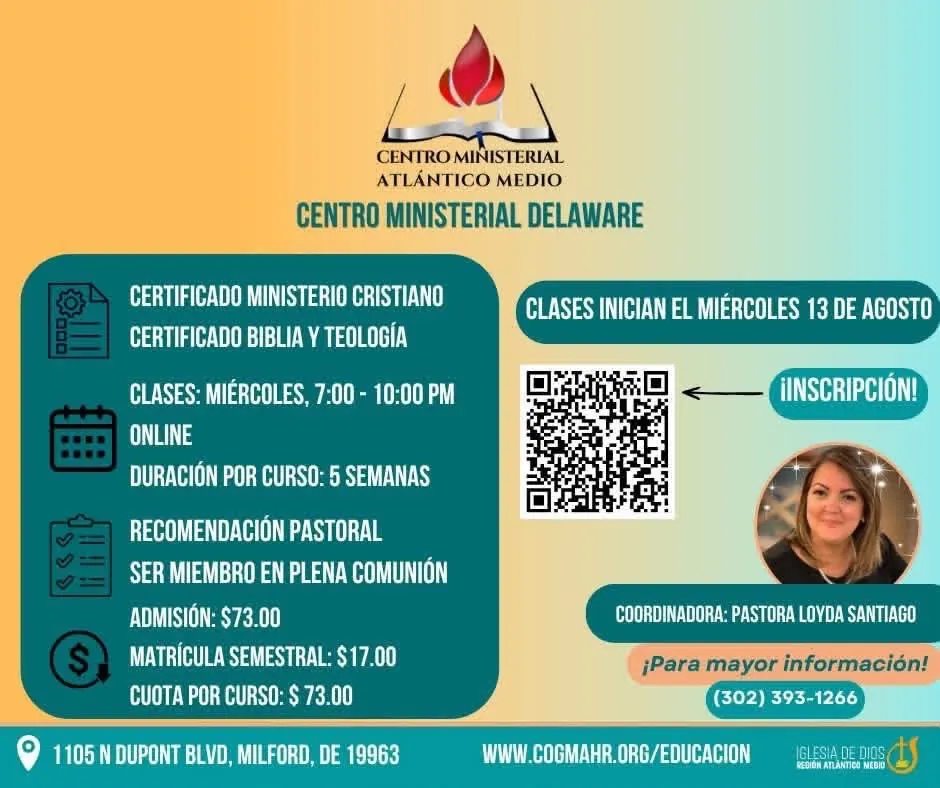 Flyer informativo de educación del centro ministerial delaware con inicio de clases el 13 de agosto